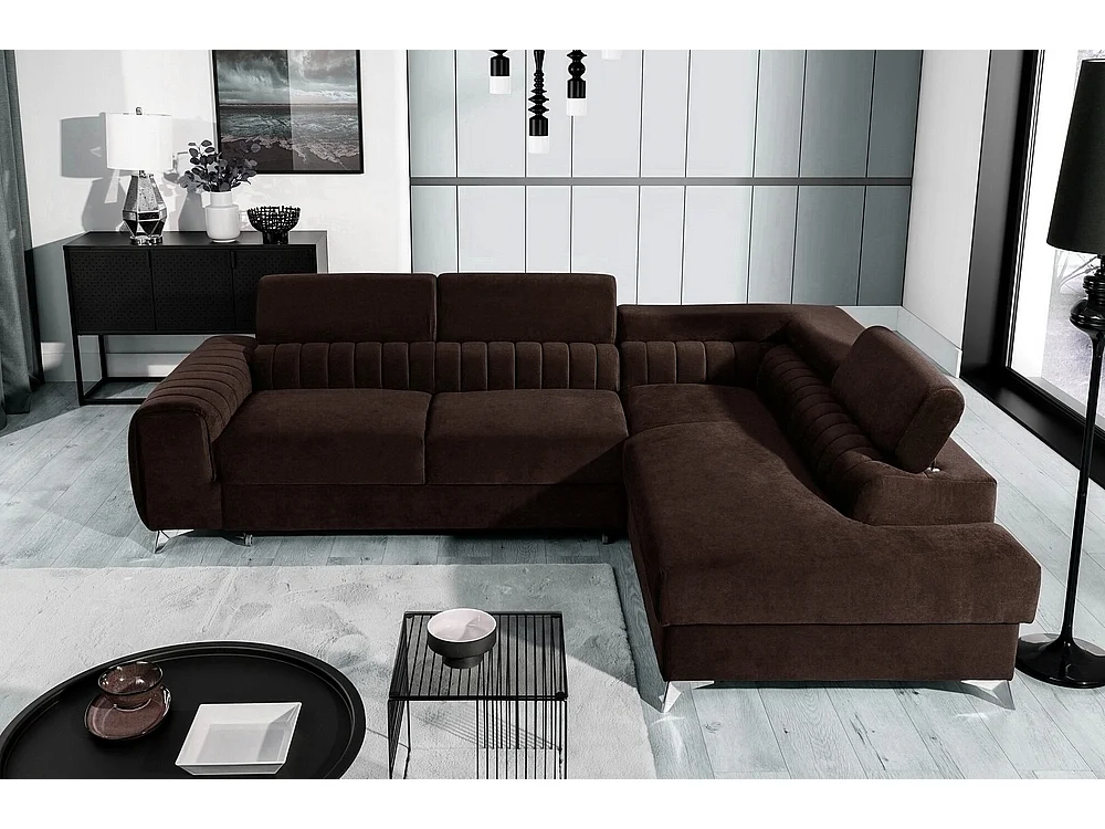 Canapé d'angle convertible - LARRY VELOURS - en tissu Luxe marron, 5 places, angle droit (vu de face)