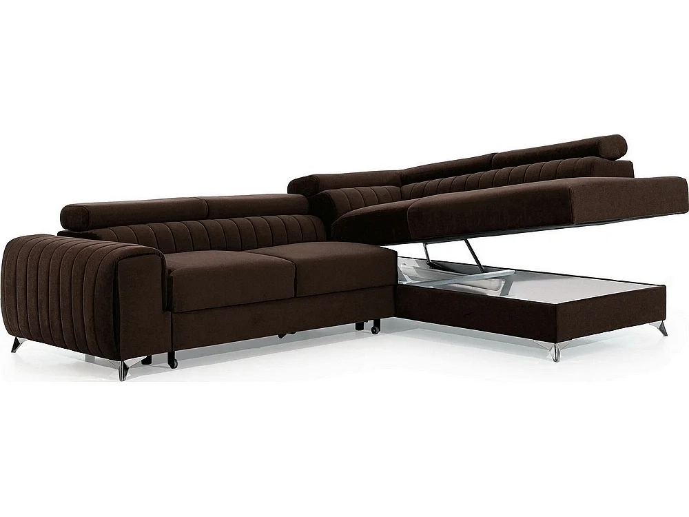 Canapé d'angle convertible - LARRY VELOURS - en tissu Luxe marron, 5 places, angle droit (vu de face)