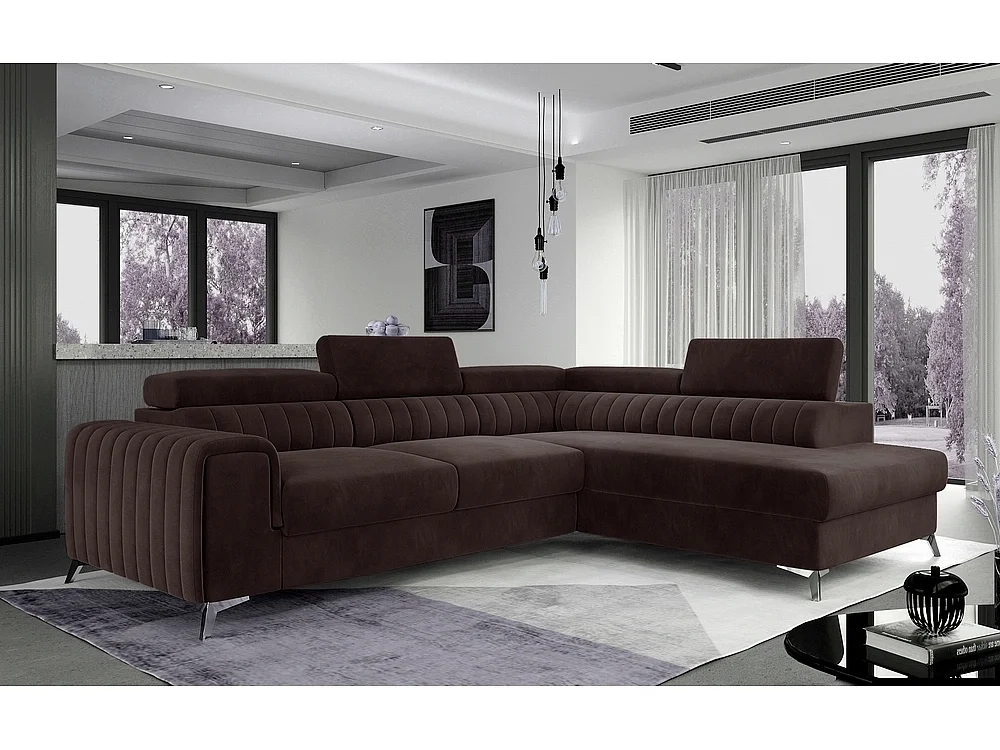 Canapé d'angle convertible - LARRY VELOURS - en tissu Luxe marron, 5 places, angle droit (vu de face)