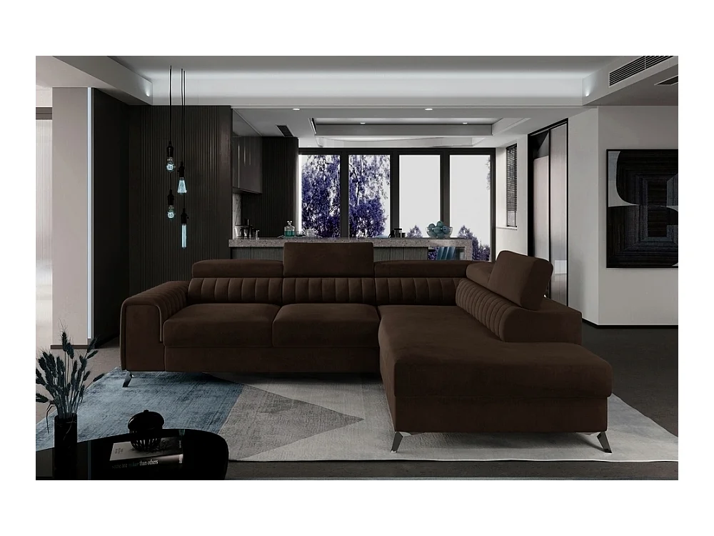 Canapé d'angle convertible - LARRY VELOURS - en tissu Luxe marron, 5 places, angle droit (vu de face)