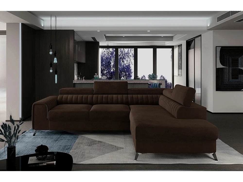 Hoekbank in luxe bruin met opbergruimte en slaapgedeelte 210x125cm - LARRY VELOURS