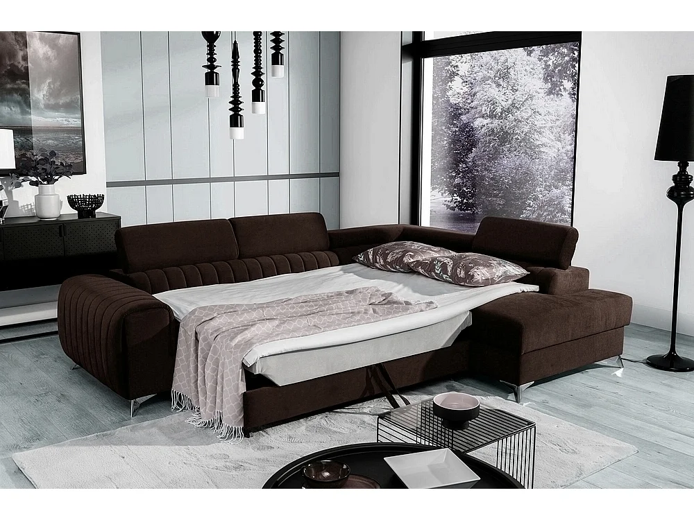 Hoekbank in luxe bruin met opbergruimte en slaapgedeelte 210x125cm - LARRY VELOURS