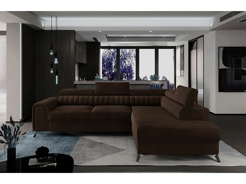 Hoekbank in luxe bruin met opbergruimte en slaapgedeelte 210x125cm - LARRY VELOURS