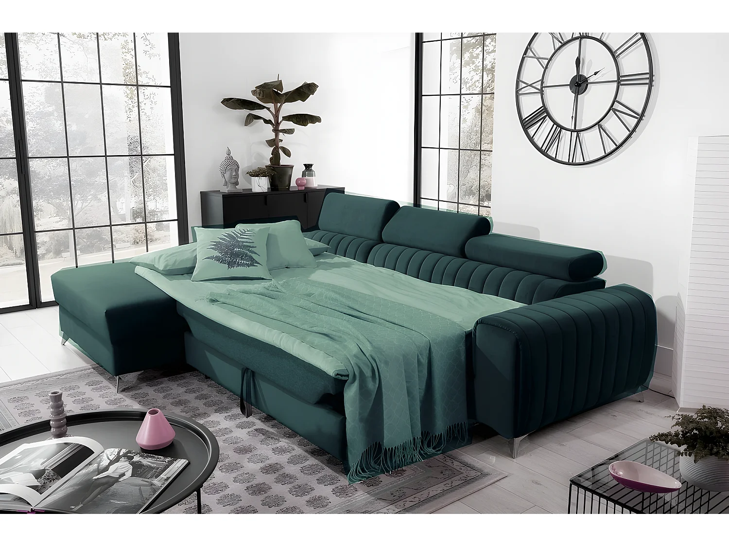 Canapé d'angle convertible en tissu velours Luxe vert, 5 places, angle gauche (vu de face) - GRECE VELOURS