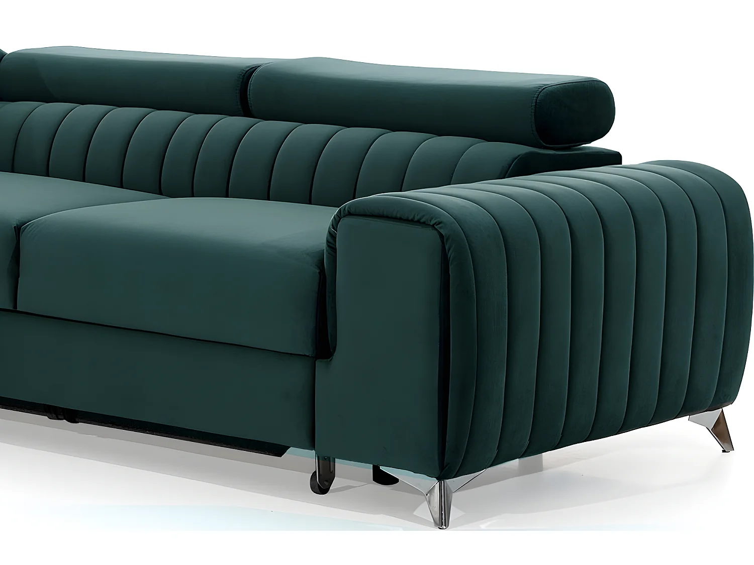 Canapé d'angle convertible en tissu velours Luxe vert, 5 places, angle gauche (vu de face) - GRECE VELOURS