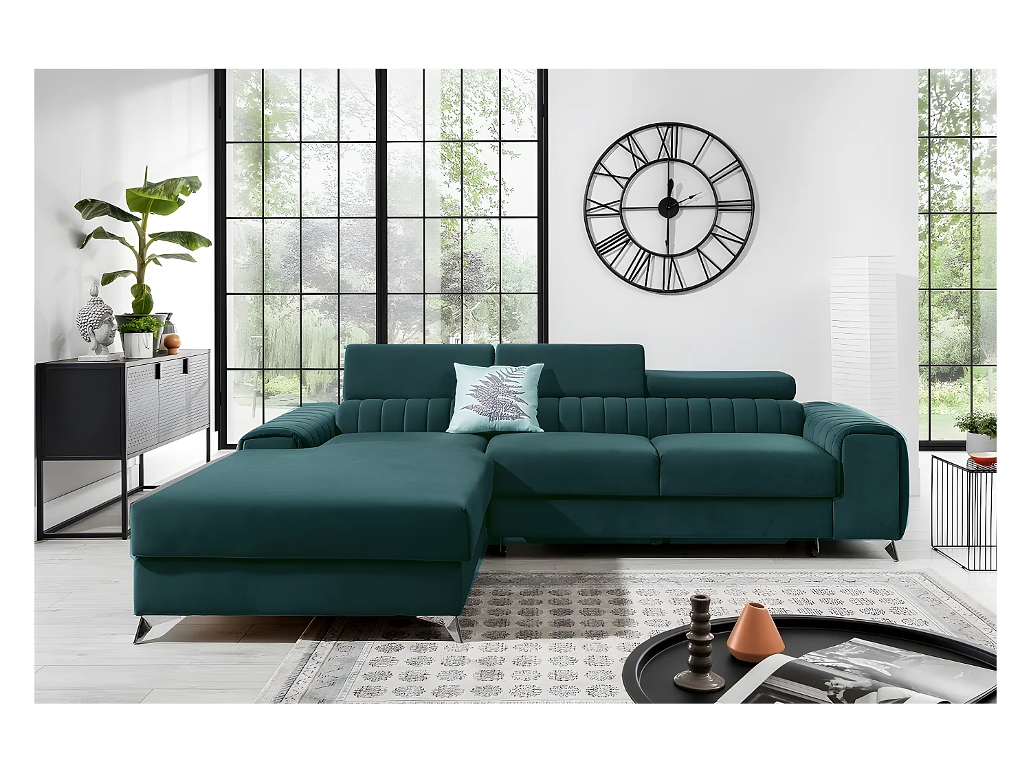 Canapé d'angle convertible en tissu velours Luxe vert, 5 places, angle gauche (vu de face) - GRECE VELOURS