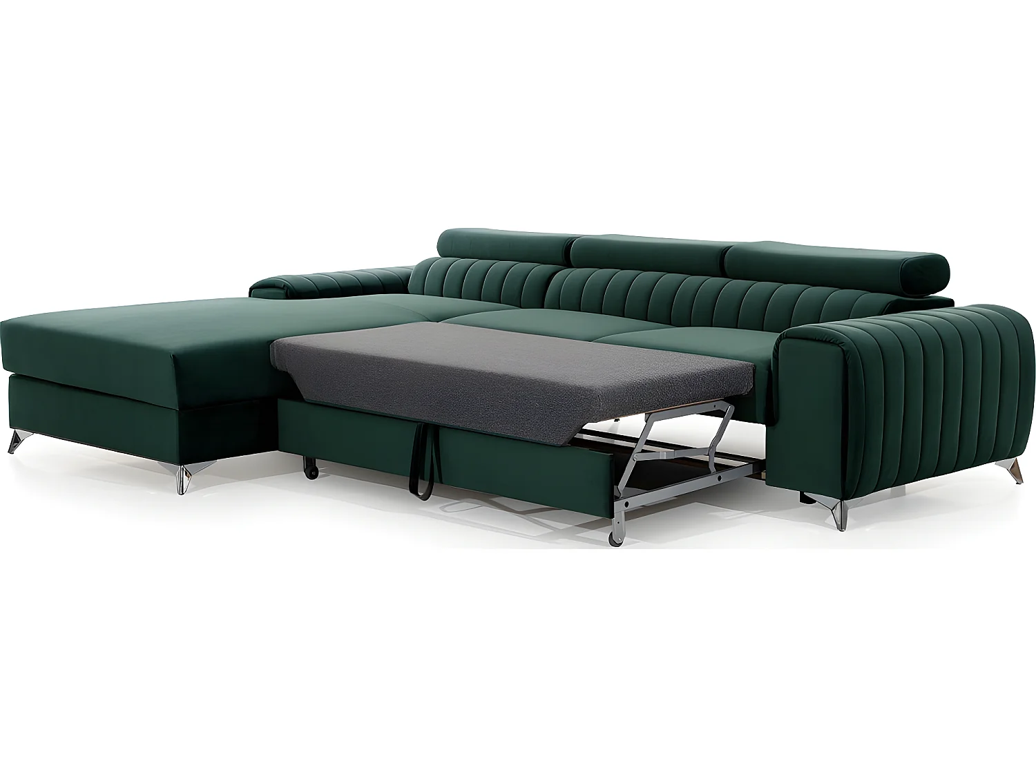 Canapé d'angle convertible en tissu velours Luxe vert, 5 places, angle gauche (vu de face) - GRECE VELOURS