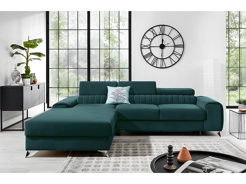 Canapé d'angle convertible en tissu velours Luxe vert, 5 places, angle gauche (vu de face) - GRECE VELOURS