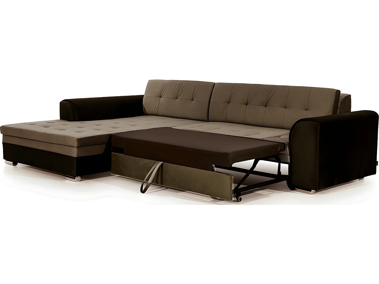 Canapé d'angle convertible en tissu velours Luxe, marron et chocolat, 5 places, angle gauche (vu de face), SOHO VELOURS