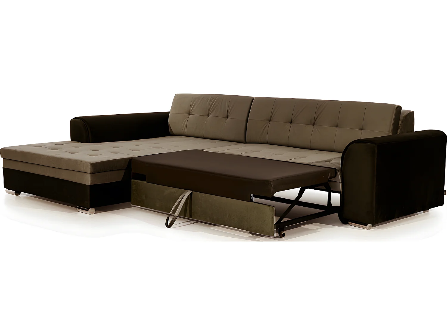 Canapé d'angle convertible en tissu velours Luxe, marron et chocolat, 5 places, angle gauche (vu de face), SOHO VELOURS