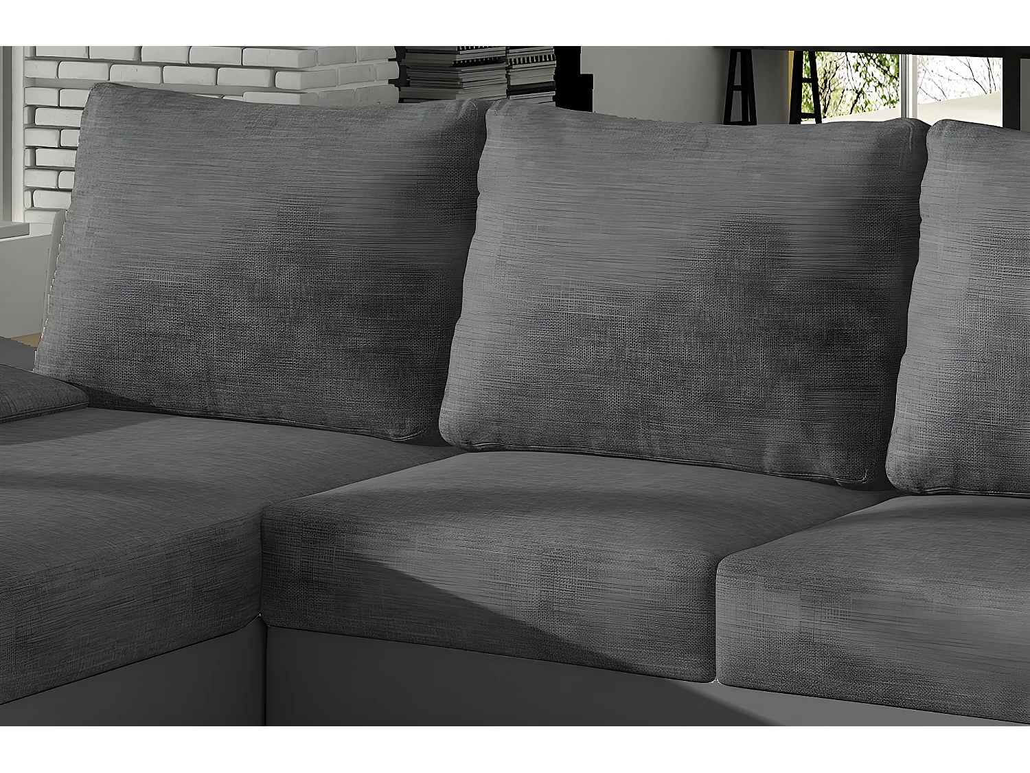 Canapé d'angle convertible - en tissu gris et simili gris, angle gauche (vu de face) - LUCAS