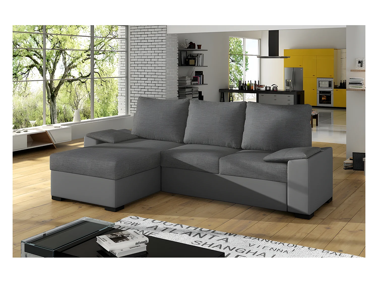 Canapé d'angle convertible - en tissu gris et simili gris, angle gauche (vu de face) - LUCAS