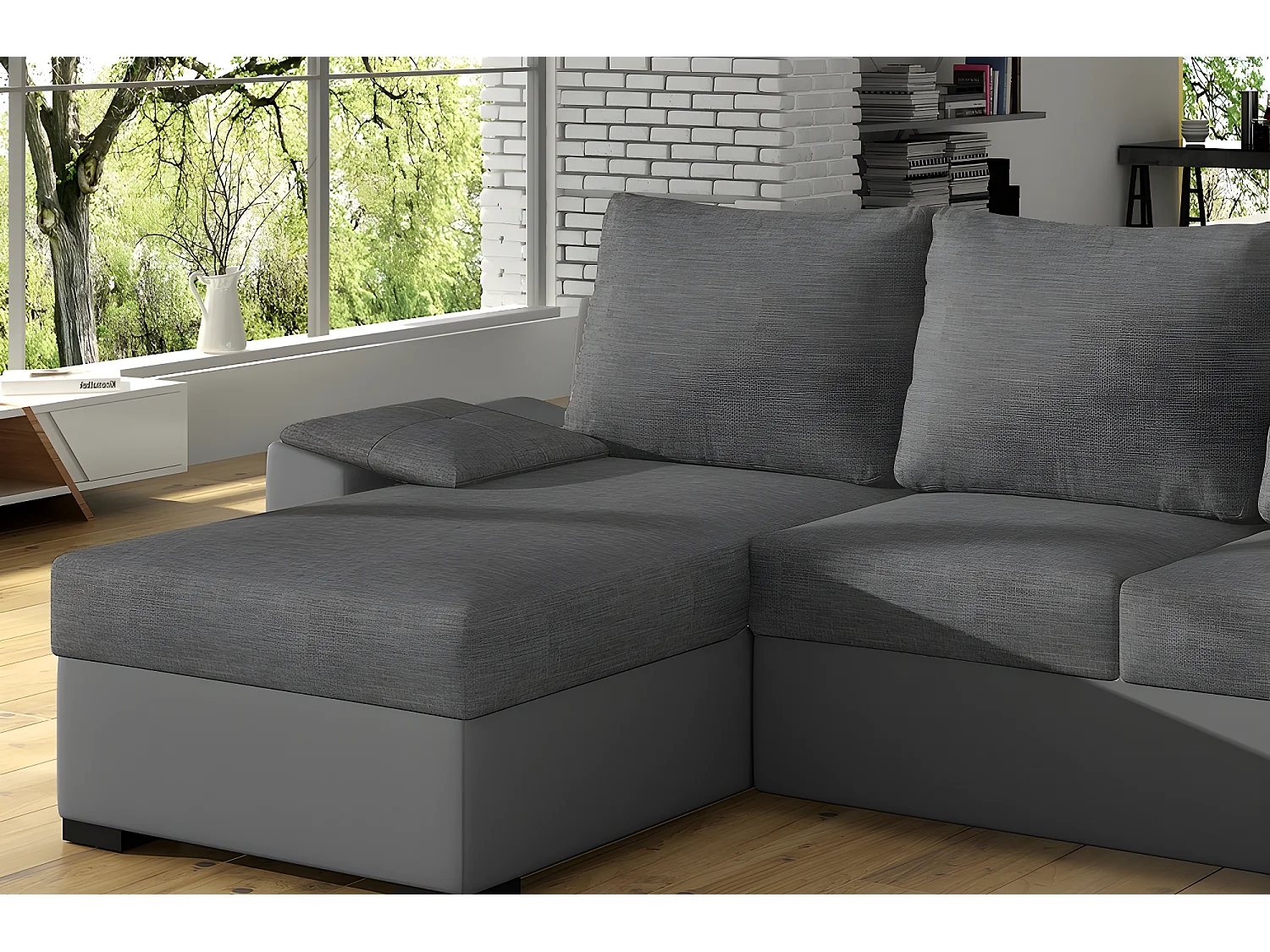 Canapé d'angle convertible - en tissu gris et simili gris, angle gauche (vu de face) - LUCAS