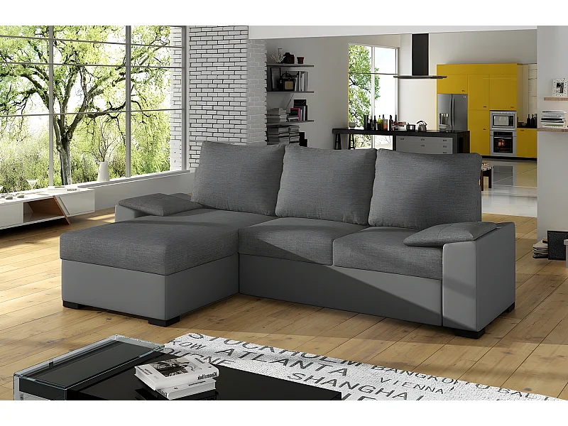 Canapé d'angle convertible - en tissu gris et simili gris, angle gauche (vu de face) - LUCAS