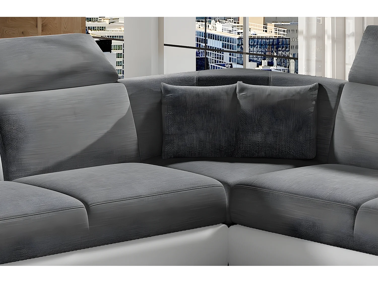 Canapé d'angle - convertible - FELIPE - en tissu gris et simili cuir blanc, 5/6 places