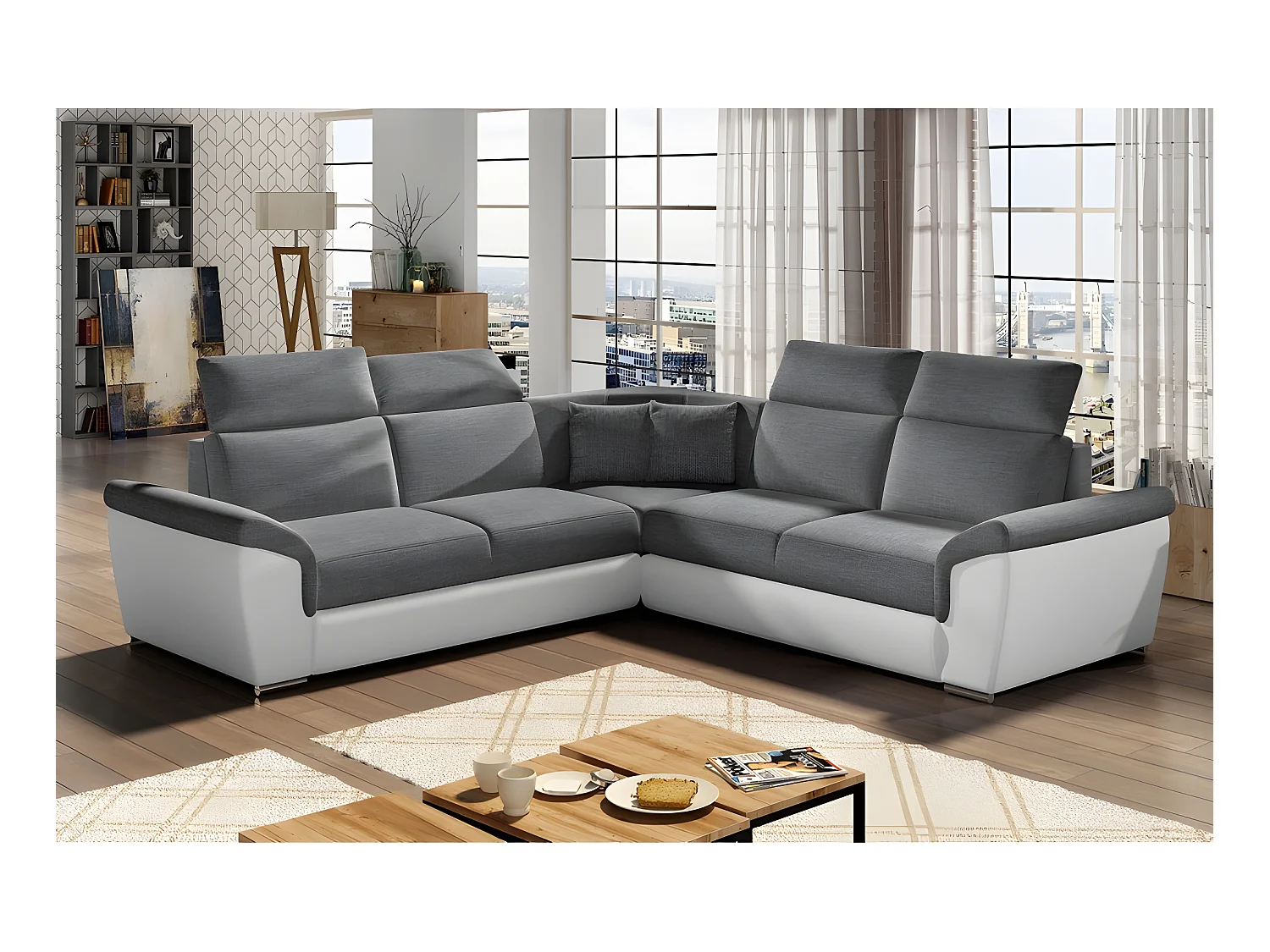 Canapé d'angle - convertible - FELIPE - en tissu gris et simili cuir blanc, 5/6 places