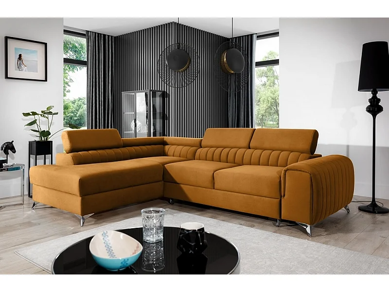 Canapé d'angle convertible - LARRY VELOURS - en tissu Luxe, bronze, 5 places, angle gauche (vu de face)