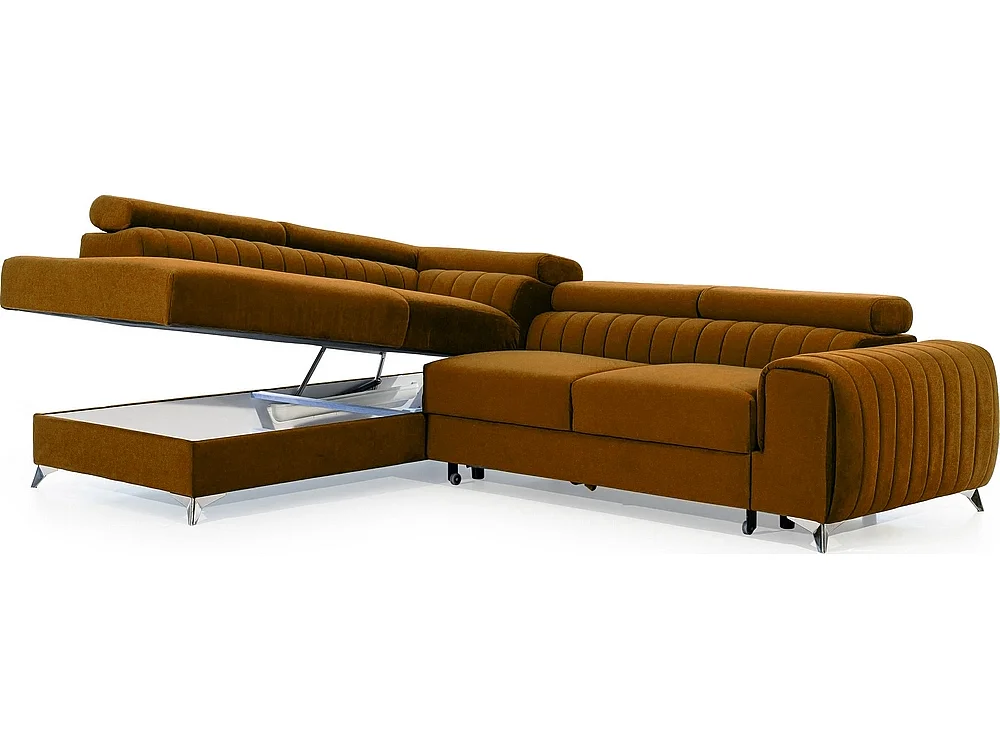 Canapé d'angle convertible - LARRY VELOURS - en tissu Luxe, bronze, 5 places, angle gauche (vu de face)