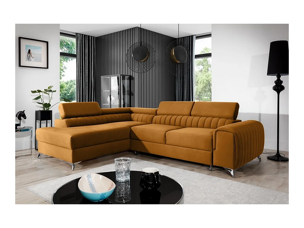 Canapé d'angle convertible - LARRY VELOURS - en tissu Luxe, bronze, 5 places, angle gauche (vu de face)