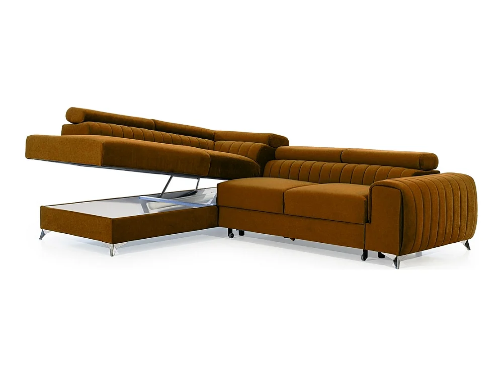 Canapé d'angle convertible - LARRY VELOURS - en tissu Luxe, bronze, 5 places, angle gauche (vu de face)