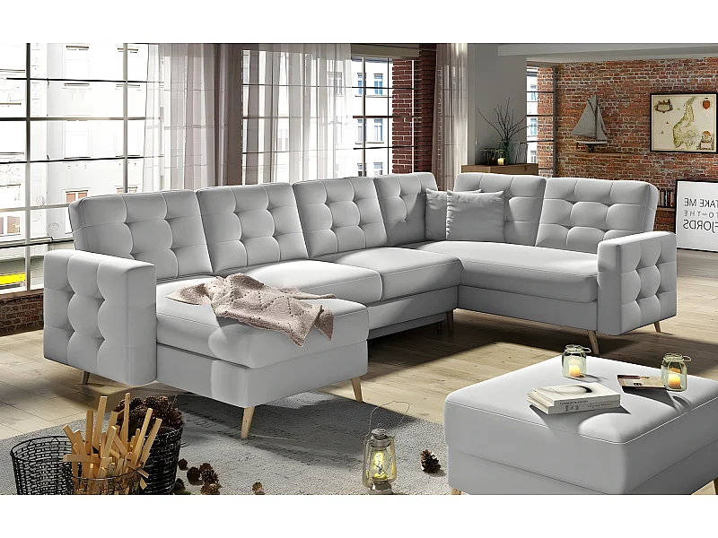 Canapé panoramique convertible - ASMA - en tissu de qualité 7 places, gris, méridienne à gauche et angle à droite (vu de face)