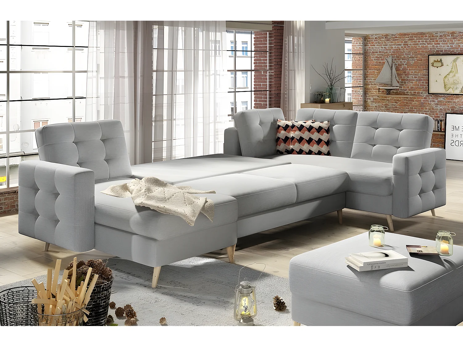 Canapé panoramique convertible - ASMA - en tissu de qualité 7 places, gris, méridienne à gauche et angle à droite (vu de face)