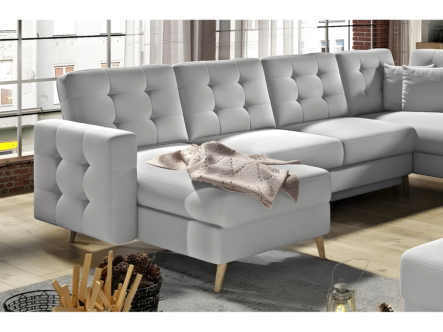 Canapé panoramique convertible - ASMA - en tissu de qualité 7 places, gris, méridienne à gauche et angle à droite (vu de face)