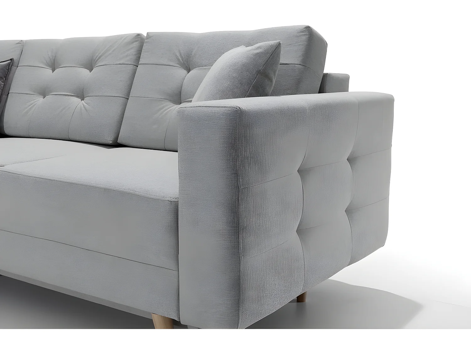 Canapé panoramique convertible - ASMA - en tissu de qualité 7 places, gris, méridienne à gauche et angle à droite (vu de face)