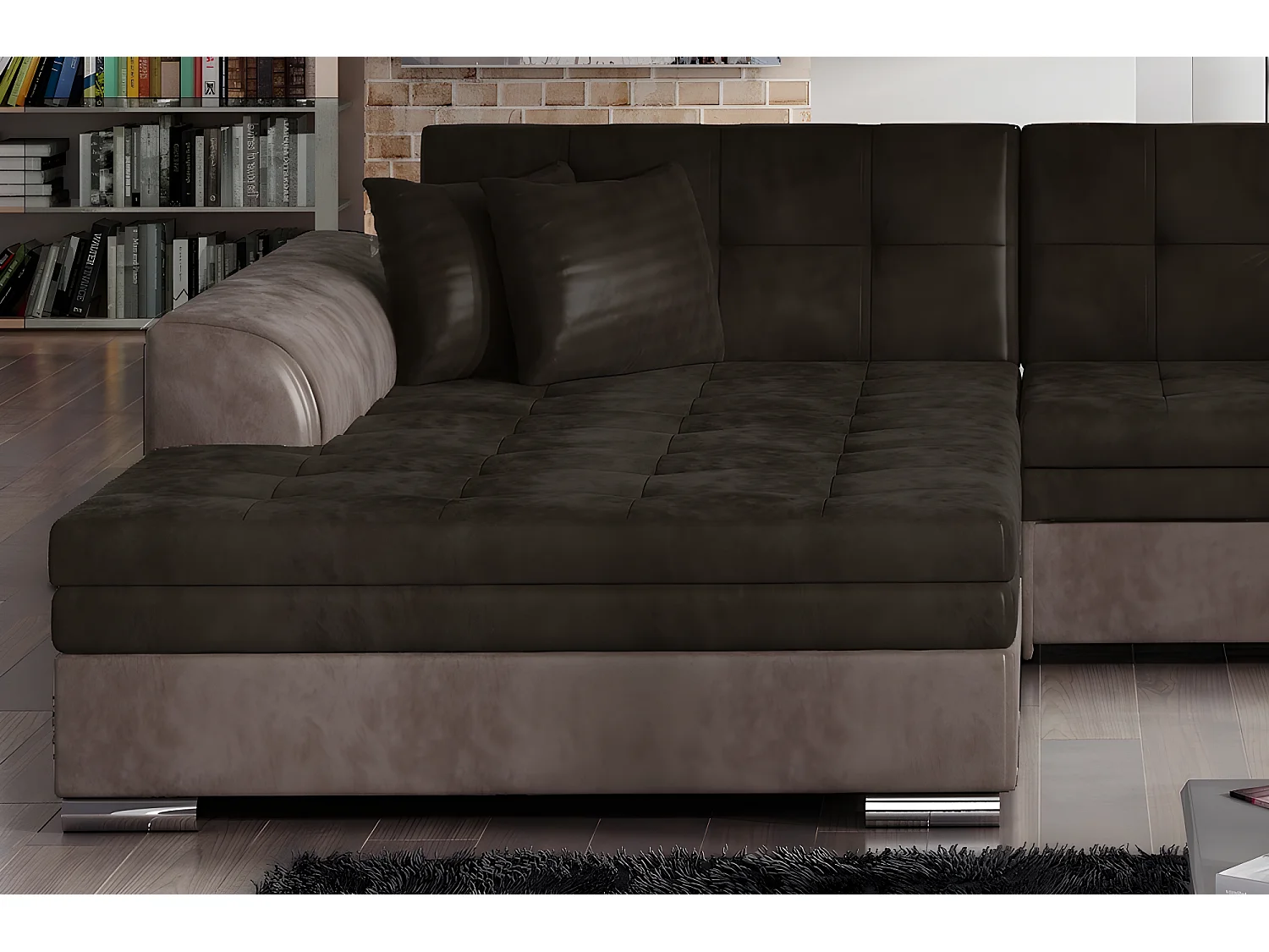 Canapé d'angle convertible en tissu velours Luxe, chocolat et marron, 5 places, angle gauche (vu de face), SOHO VELOURS