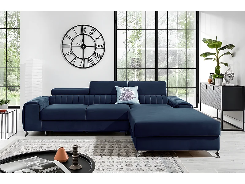 Canapé d'angle convertible en tissu velours Luxe bleu, 5 places, angle droit (vu de face) - GRECE VELOURS