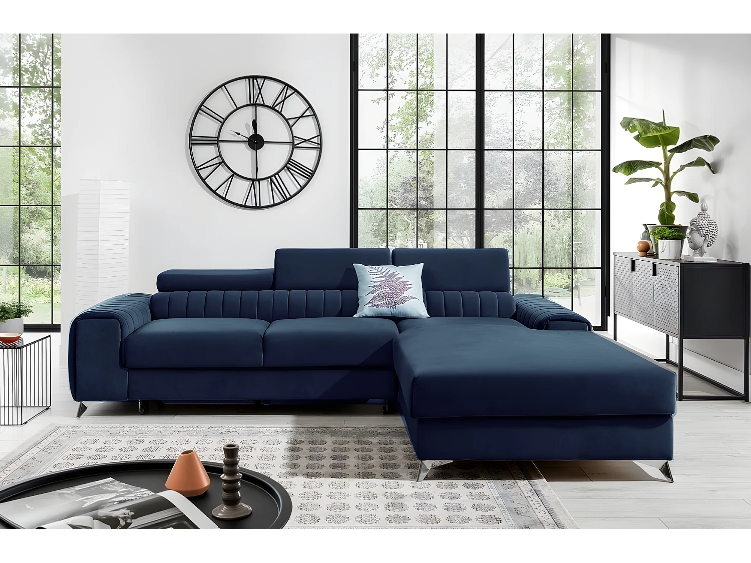 Canapé d'angle convertible en tissu velours Luxe bleu, 5 places, angle droit (vu de face) - GRECE VELOURS