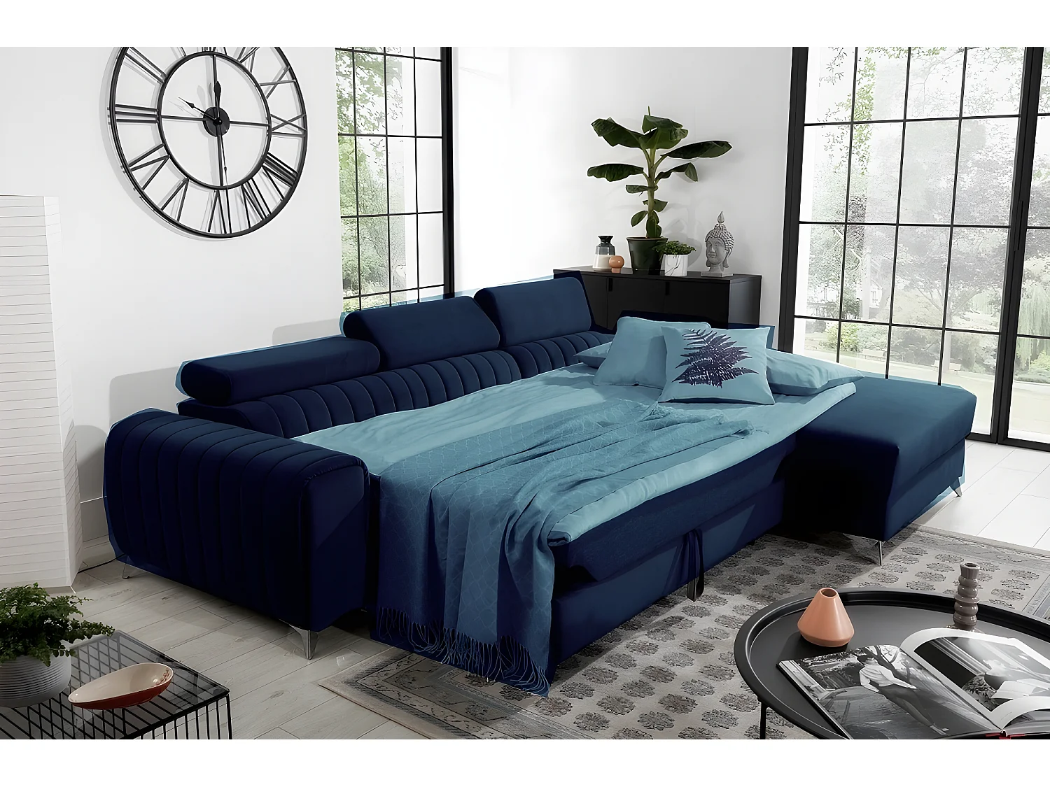 Canapé d'angle convertible en tissu velours Luxe bleu, 5 places, angle droit (vu de face) - GRECE VELOURS