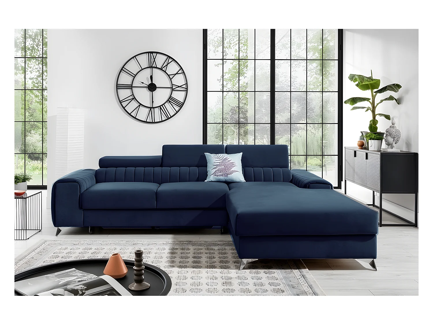 Canapé d'angle convertible en tissu velours Luxe bleu, 5 places, angle droit (vu de face) - GRECE VELOURS