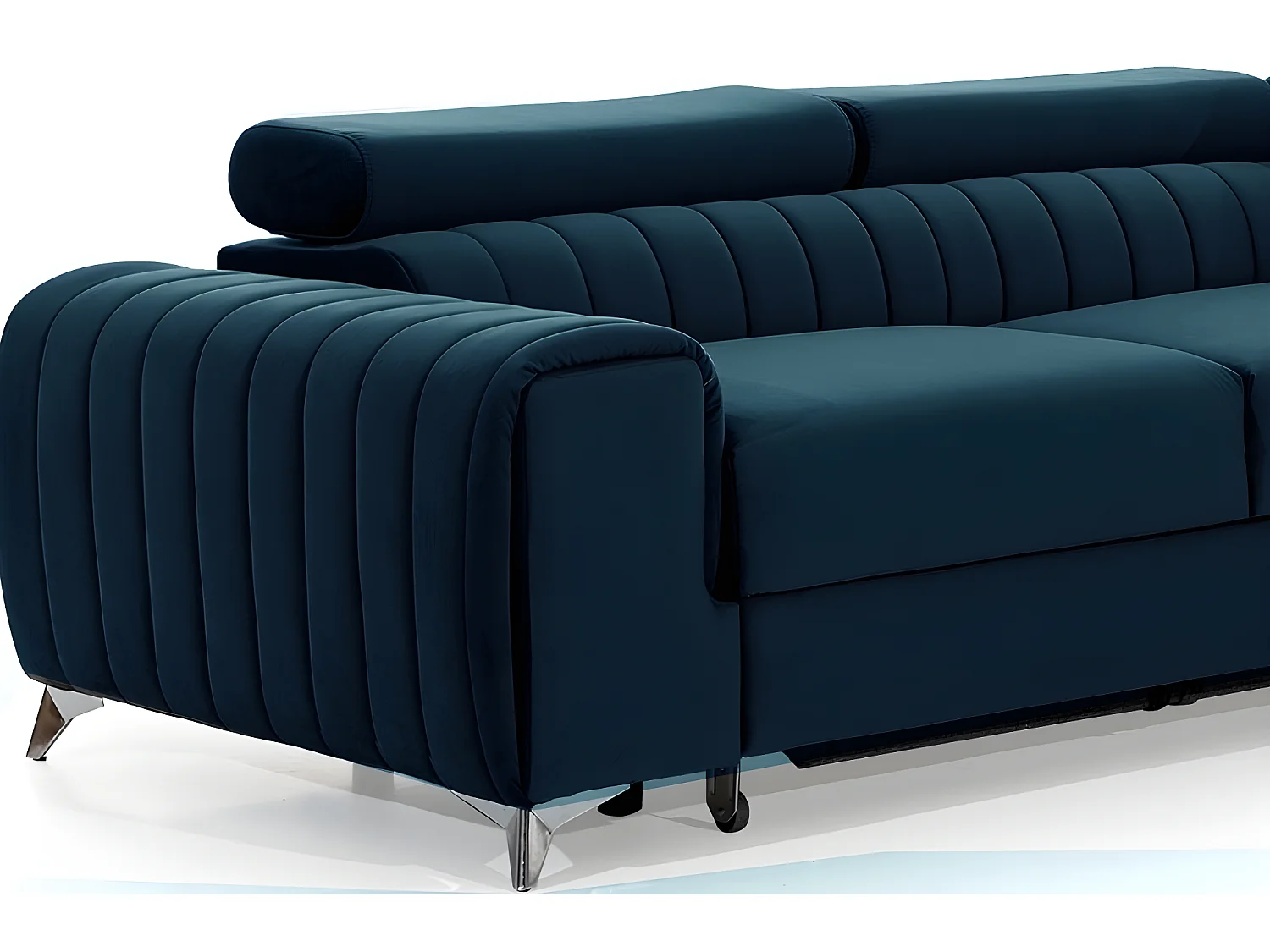 Canapé d'angle convertible en tissu velours Luxe bleu, 5 places, angle droit (vu de face) - GRECE VELOURS