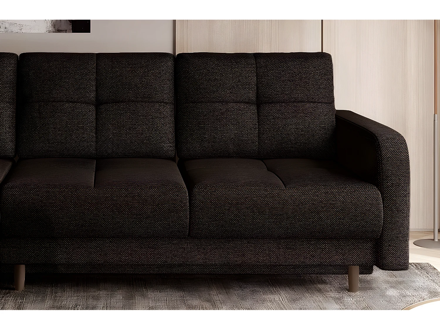 Canapé d'angle convertible en tissu luxe, rangement - chocolat, angle gauche (vu de face), ROXANE