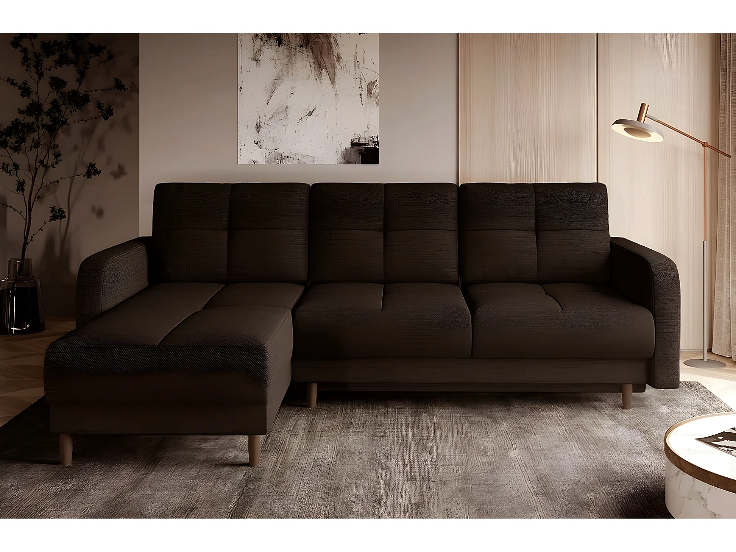 Canapé d'angle convertible en tissu luxe, rangement - chocolat, angle gauche (vu de face), ROXANE