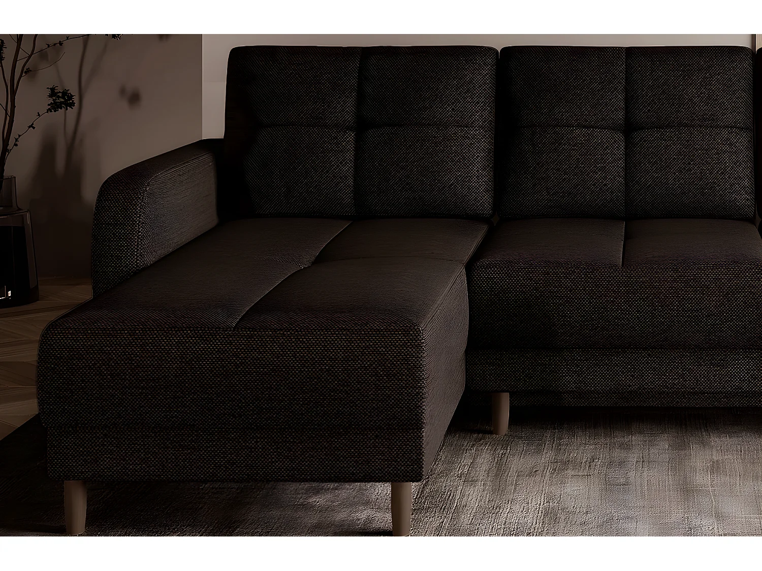 Canapé d'angle convertible en tissu luxe, rangement - chocolat, angle gauche (vu de face), ROXANE