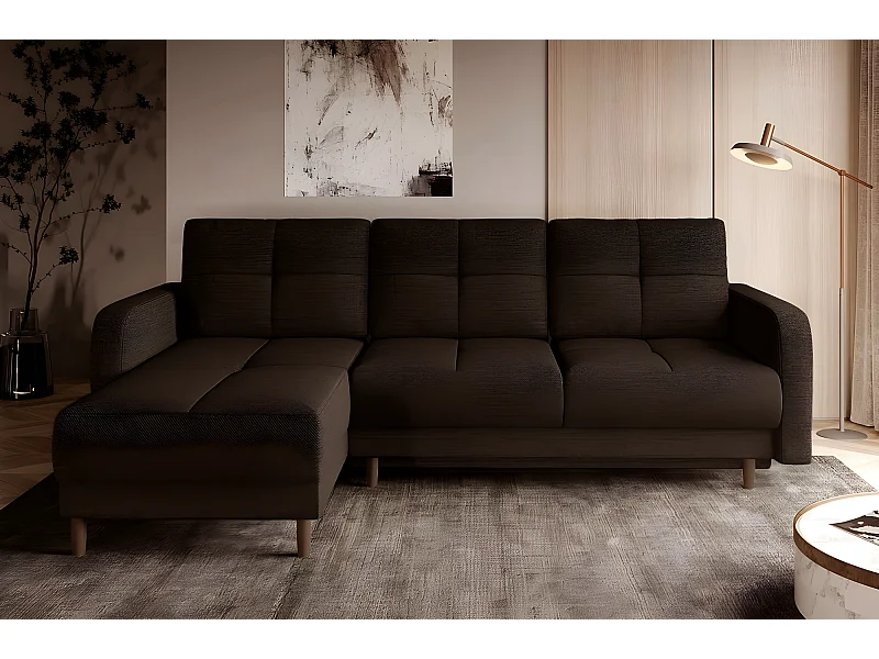 Canapé d'angle convertible en tissu luxe, rangement - chocolat, angle gauche (vu de face), ROXANE