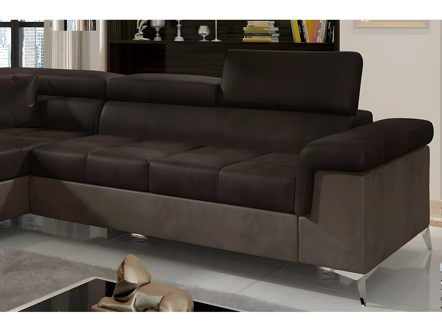 Canapé d'angle - convertible - ERIKA - en tissu luxe 5 places, chocolat et marron, angle gauche (vu de face)