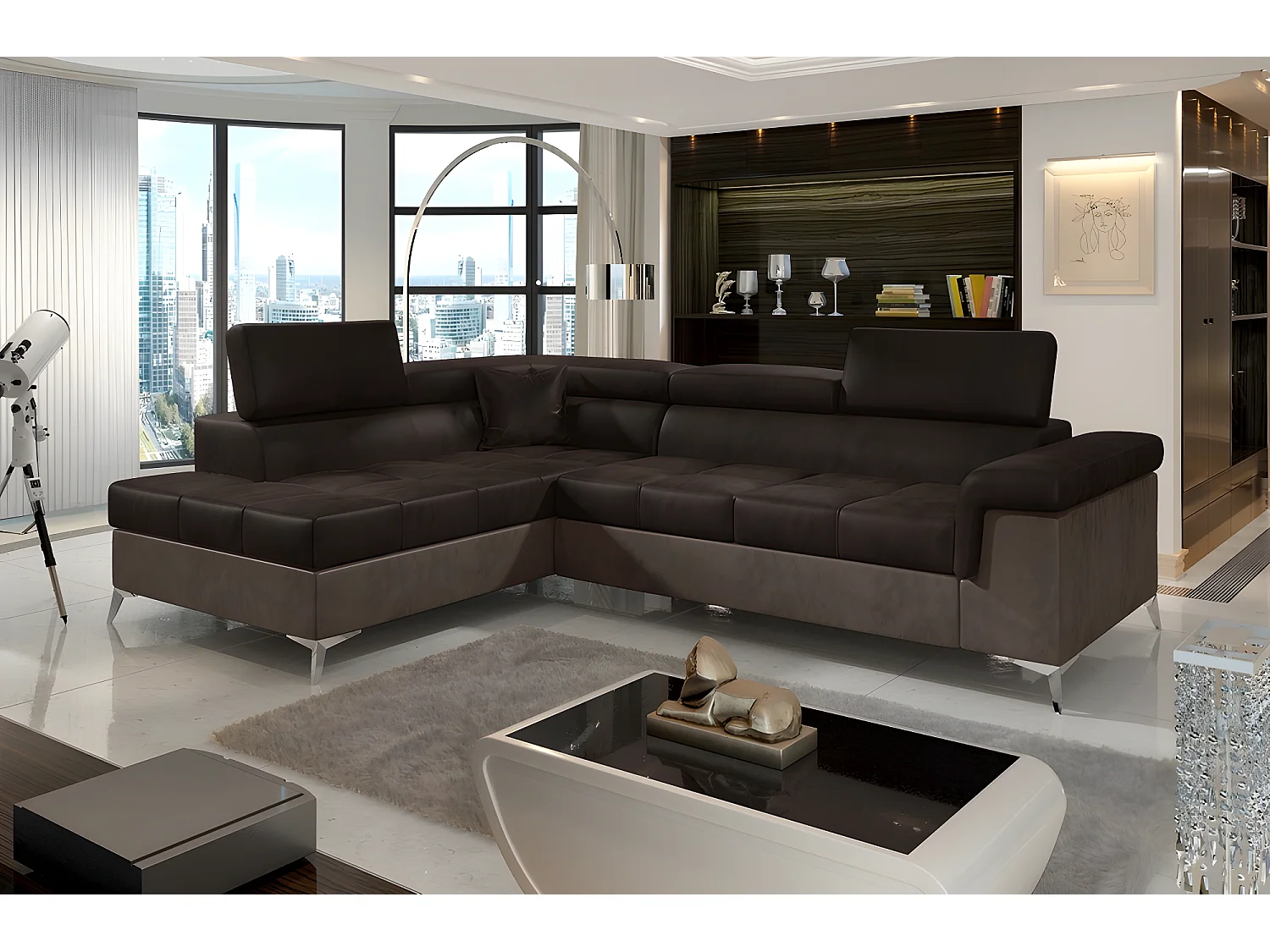 Canapé d'angle - convertible - ERIKA - en tissu luxe 5 places, chocolat et marron, angle gauche (vu de face)