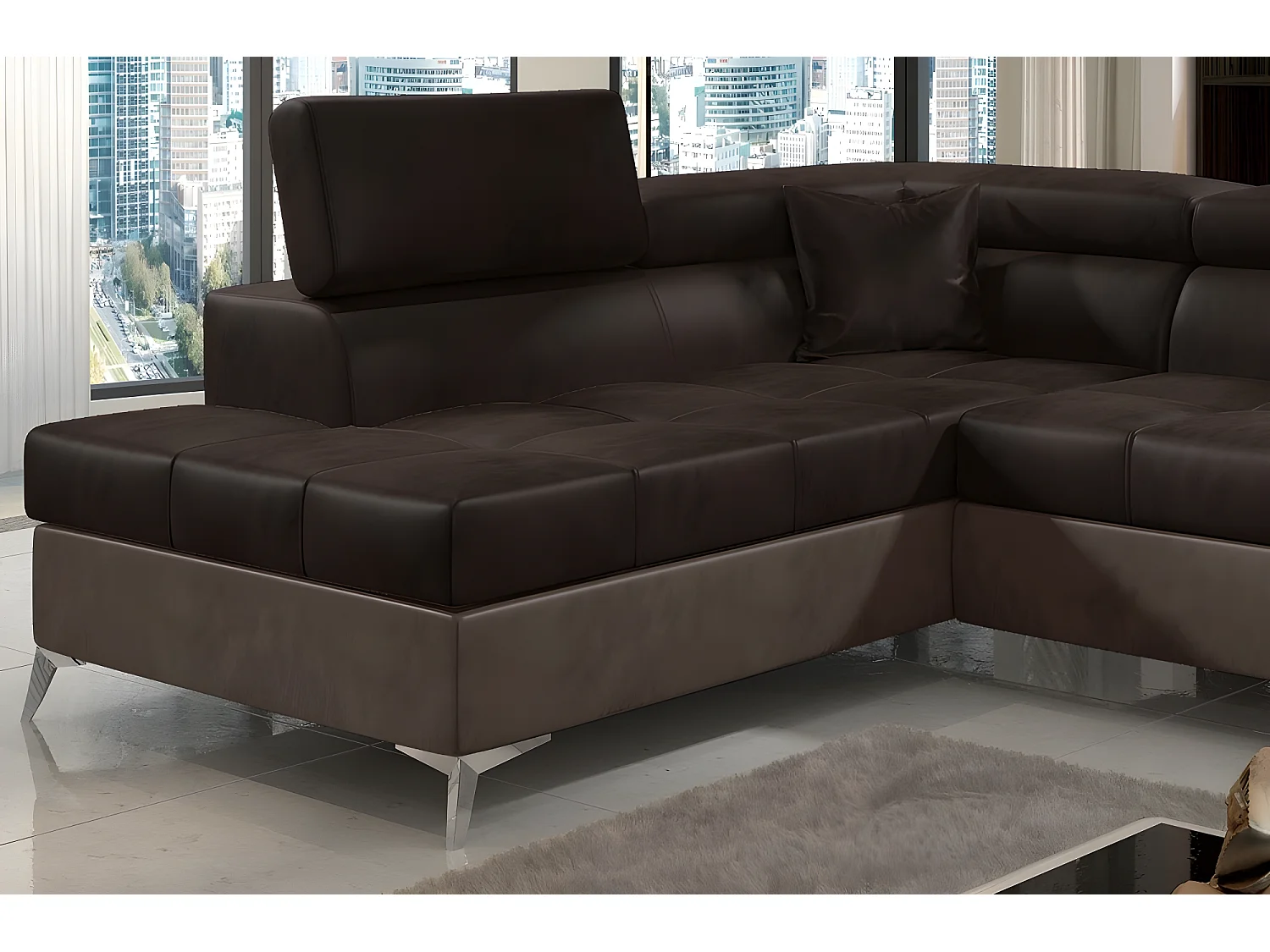 Canapé d'angle - convertible - ERIKA - en tissu luxe 5 places, chocolat et marron, angle gauche (vu de face)