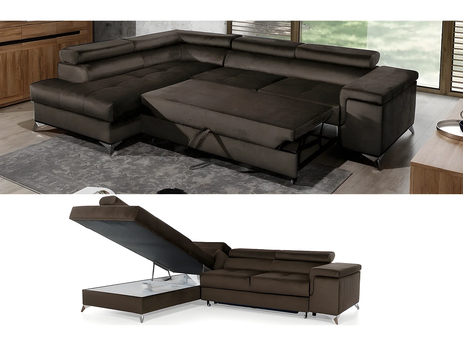 Canapé d'angle - convertible - ERIKA - en tissu luxe 5 places, chocolat et marron, angle gauche (vu de face)