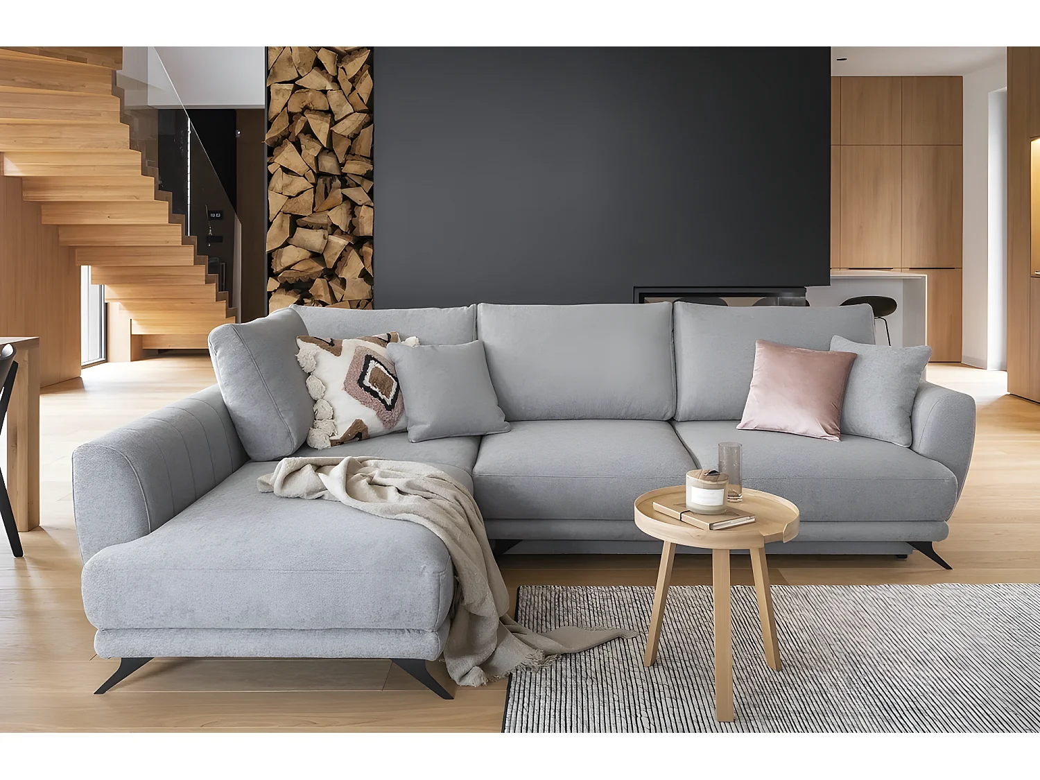 Canapé d'angle convertible - LARSON - en tissu Luxe - 5 places, gris , angle gauche (vu de face)