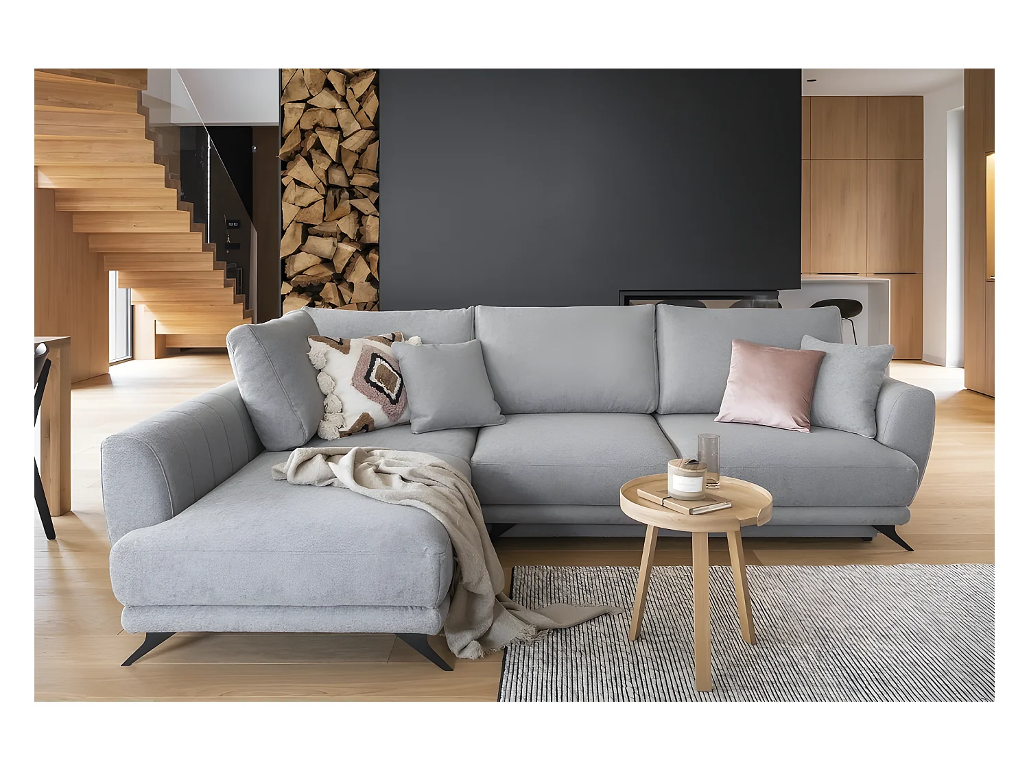 Canapé d'angle convertible - LARSON - en tissu Luxe - 5 places, gris , angle gauche (vu de face)