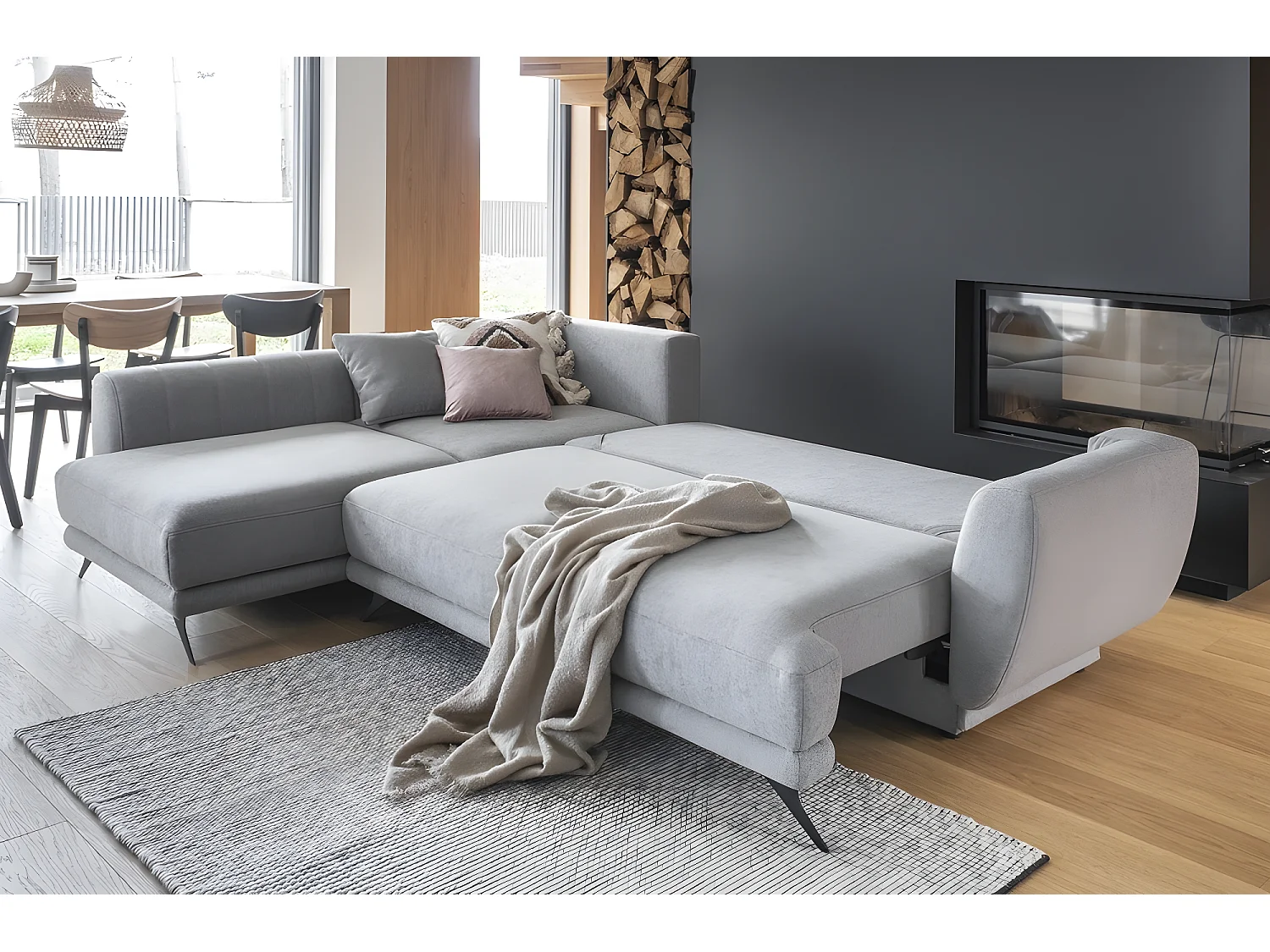 Hoekslaapbank van luxe stof met opbergruimte en slaapgedeelte van 240x126cm - LARSON - 5 zitplaatsen, grijs, linkerhoek