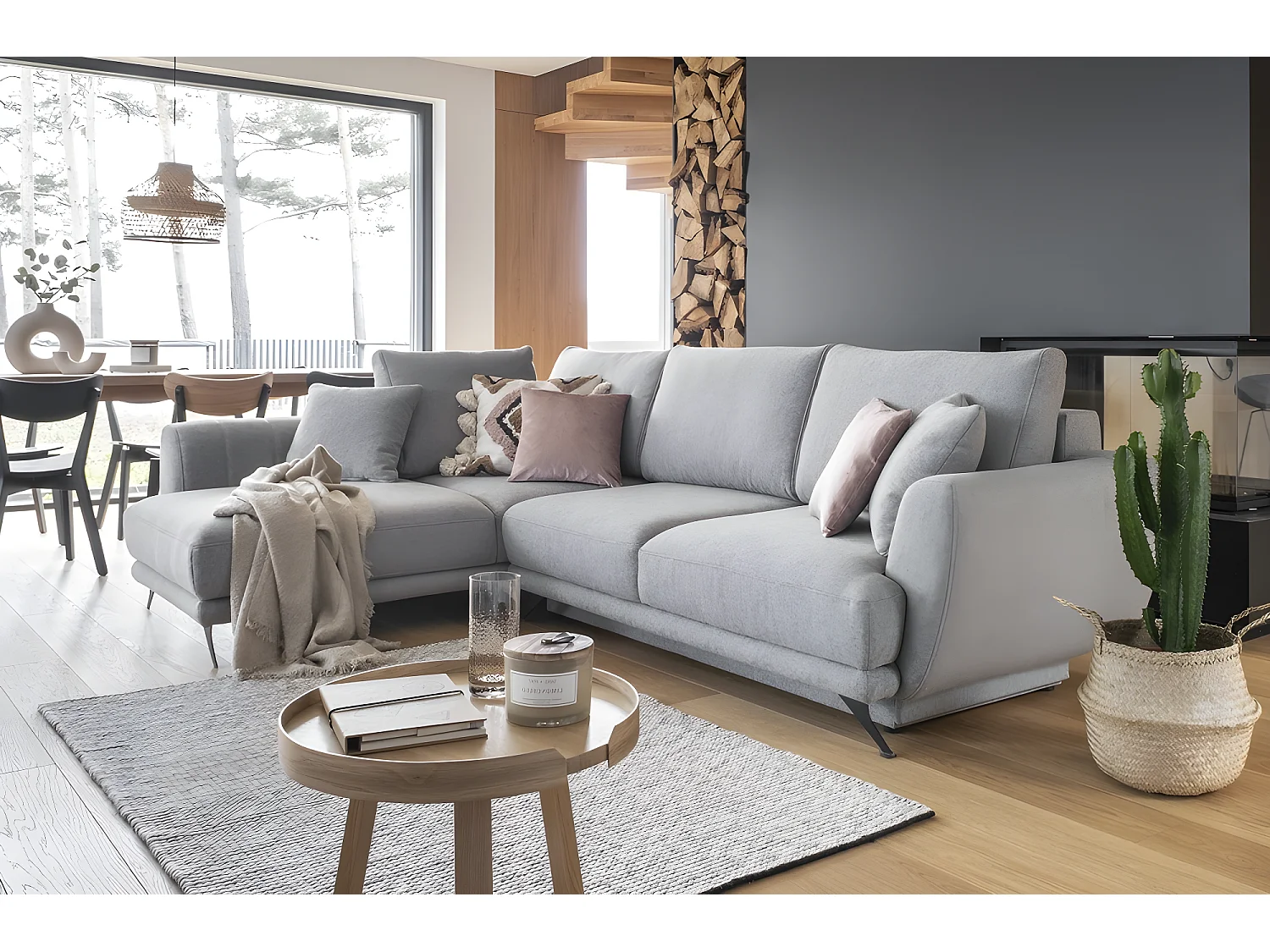 Hoekslaapbank van luxe stof met opbergruimte en slaapgedeelte van 240x126cm - LARSON - 5 zitplaatsen, grijs, linkerhoek