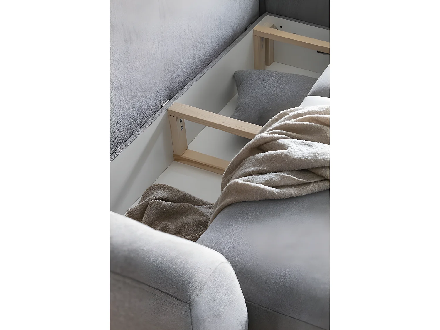 Hoekslaapbank van luxe stof met opbergruimte en slaapgedeelte van 240x126cm - LARSON - 5 zitplaatsen, grijs, linkerhoek