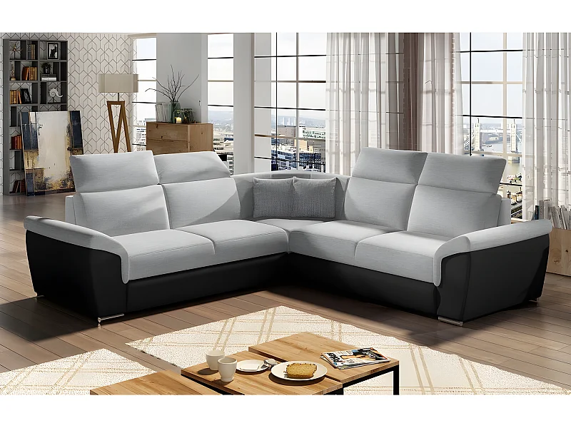 Canapé d'angle - convertible - FELIPE - en tissu gris clair et simili cuir noir, 5/6 places