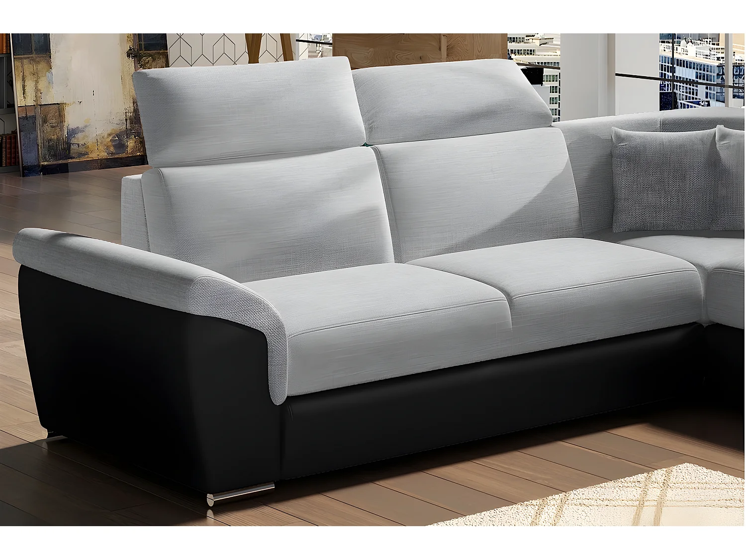 Canapé d'angle - convertible - FELIPE - en tissu gris clair et simili cuir noir, 5/6 places