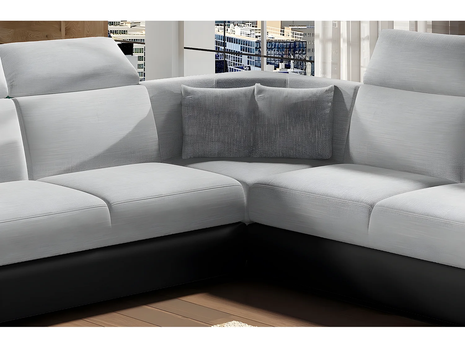 Canapé d'angle - convertible - FELIPE - en tissu gris clair et simili cuir noir, 5/6 places